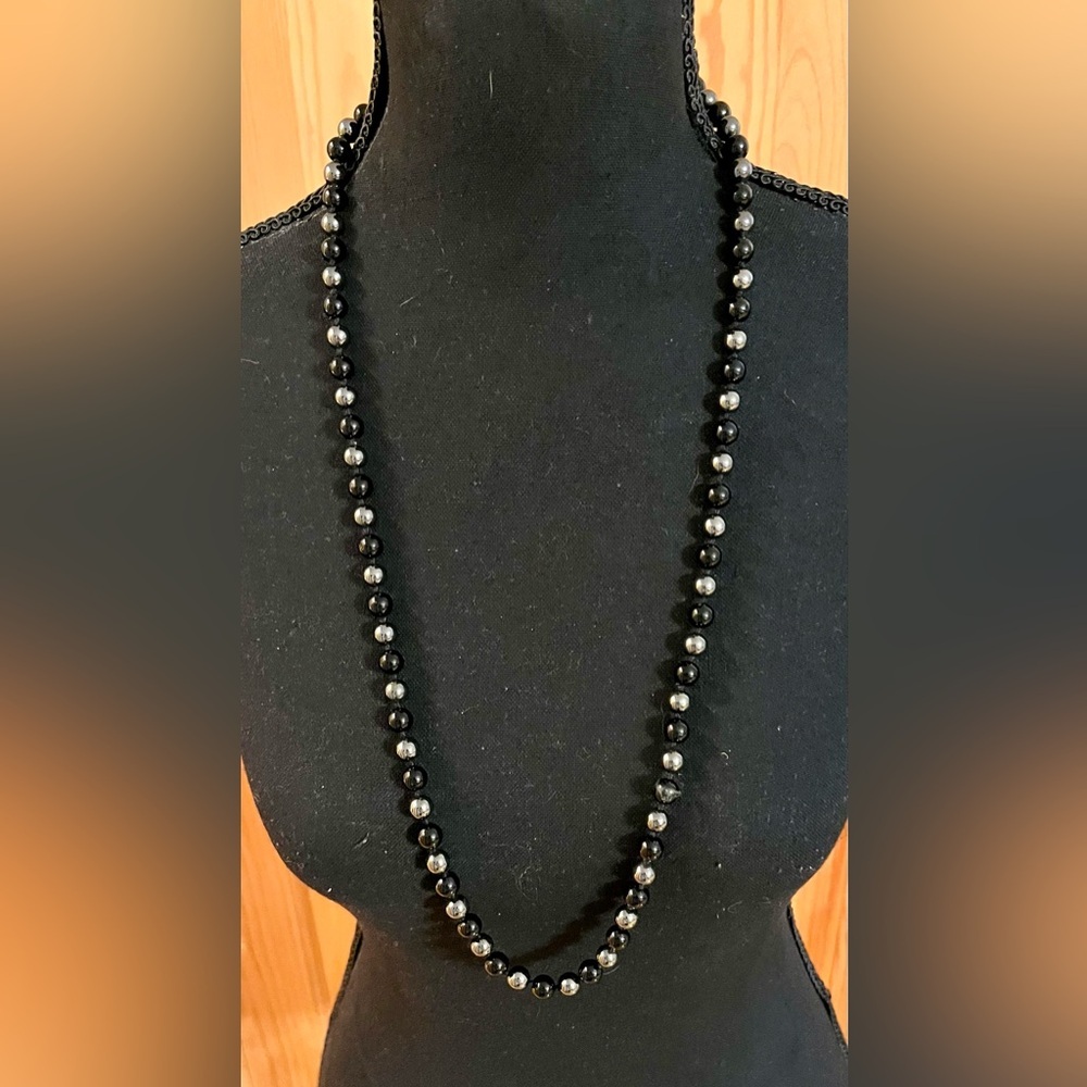 Alaska Black Diamond Beaded Hematite Popover 32” Necklace New Shiny Goth Punk